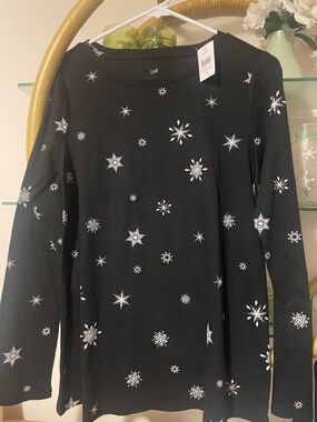 J. Jill Black Long Sleeve Top with Silver Snowflake Embellishments 000830